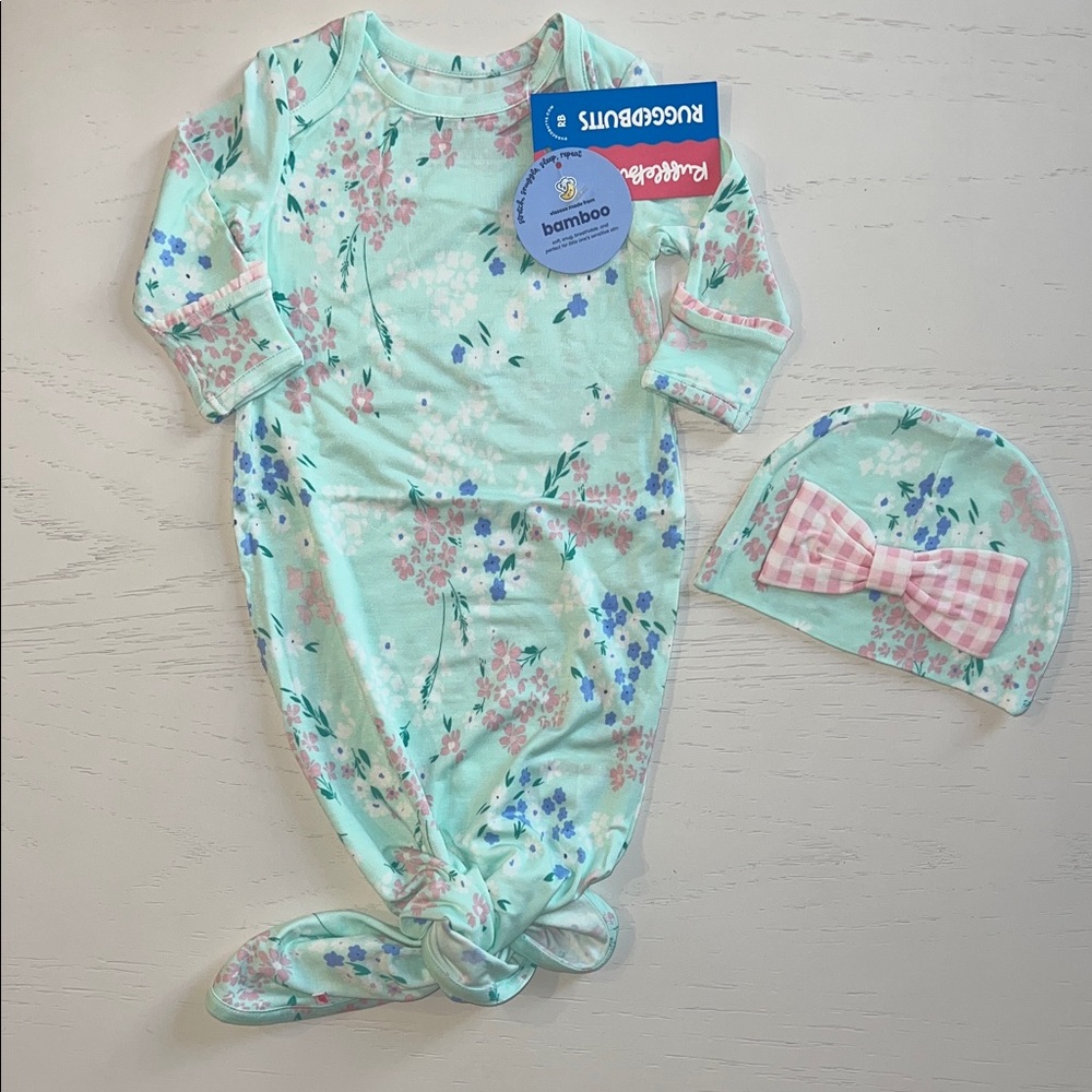Rufflebutts Baby Girl Bamboo Mint Floral Knot Gown with Hat Newborn-3 months